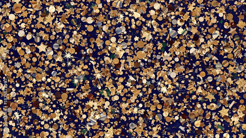 Fototapeta premium Vibrant gold confetti scattered on dark blue background