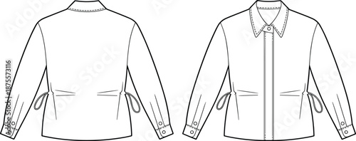 Jacket sketch, pointed collar, zipper front, button cuffs, adjustable side ties, dart seams, fashion design layout, flat vector illustration