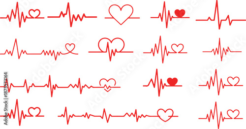 Red heartbeat line collection with heart symbol, cardiology, medical pulse, ECG, EKG design, healthcare clipart vector illustration, health monitoring, digital heartbeat graphics