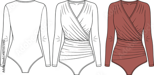 Long-sleeve bodysuit fashion illustration, flat vector illustration, wrap design, pleated texture, garment sketch, front back view, reddish toneLong