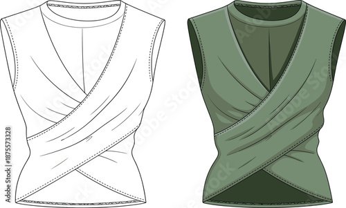 Wrap top sketch, sleeveless draped silhouette, gathered waist, crossover front, fashion design layout, flat vector illustration