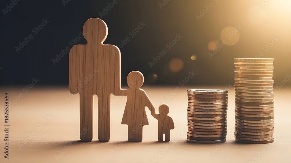 © Artfinity - Family financial planning and savings growth. Wealth protection and generational stability. Wooden family figures standing next to rising stacks of gold coins © Artfinity - Family financial planning and savings growth. Wealth protection and generational stability. Wooden family figures standing next to rising stacks of gold coins