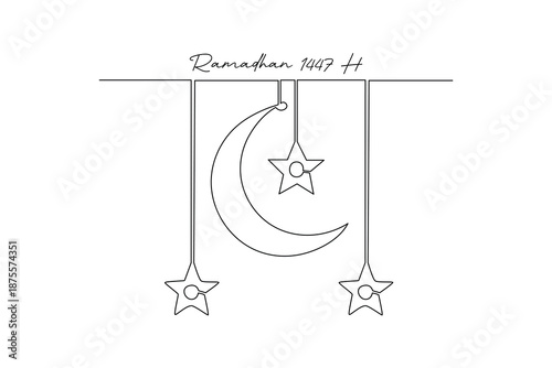 Crescent Moon Decoration for Ramadan 1447 H. Ramadhan 1447 H Concept. Single line draw design. Vector graphic illustration