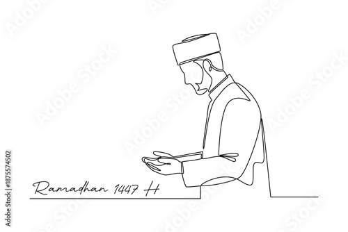 Man Making Dua with Open Hands in Ramadan. Ramadhan 1447 H Concept. Single line draw design. Vector graphic illustration