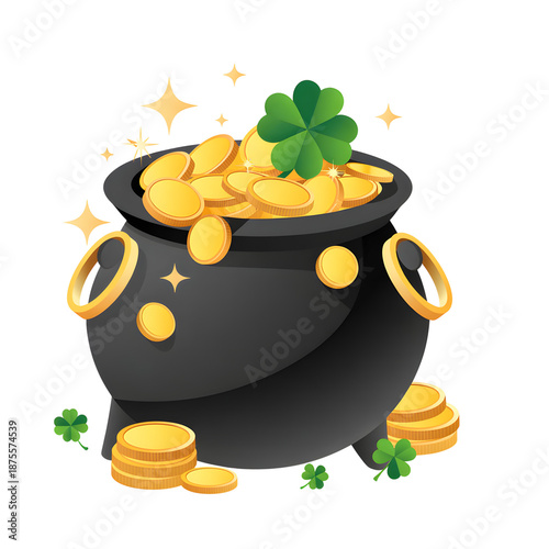 Cartoon black cauldron filled with gold coins and a four leaf clover on transparent background