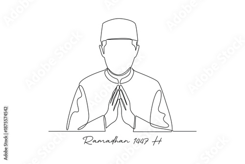 Muslim Man Praying in Ramadan 1447 H. Ramadhan 1447 H Concept. Single line draw design. Vector graphic illustration