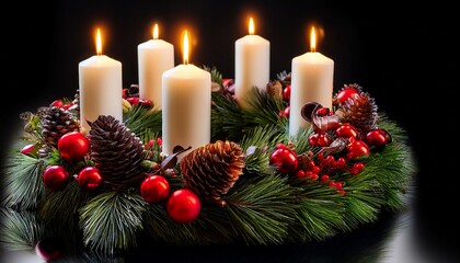A Festive Christmas Advent Wreath With Four Lit Candles Pine Cones Red Berries And Twinkling Fairy Lights Isolated On Transparent Background
