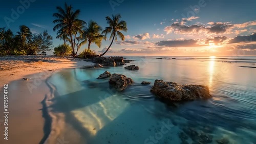 Tranquil tropical beach scene with palm trees and ocean at sunrise