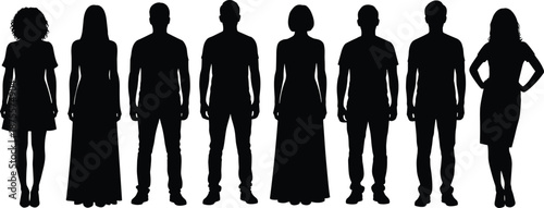Eight alternating male and female silhouettes in varied outfits on white background for gender representation, fashion diversity, and human figure recognition themes.