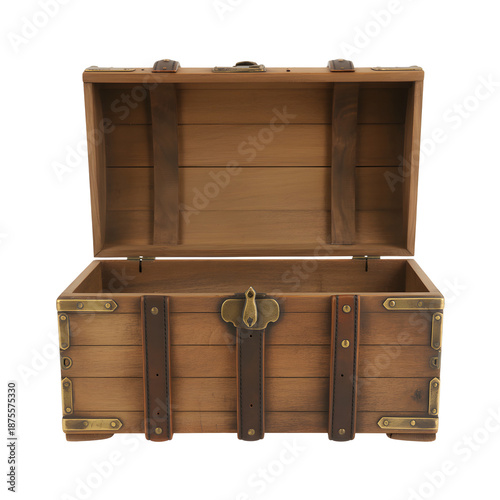 Open wooden chest with metal hardware and leather straps on transparent background