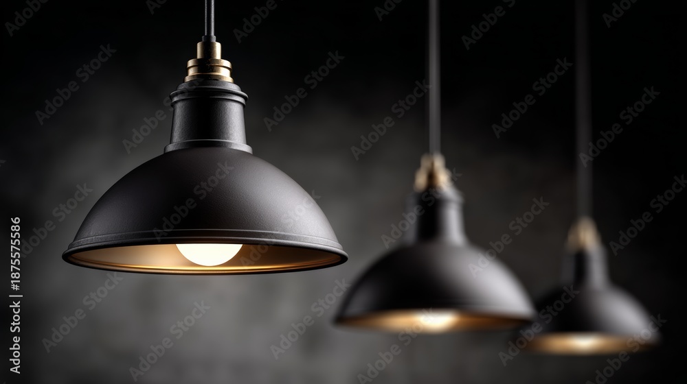 Obraz premium Elegant black pendant lights hanging from ceiling, illuminating a stylish interior space with a soft glow, creating a warm and inviting atmosphere for modern design enthusiasts