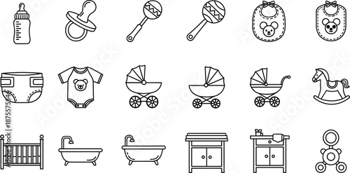 Collection of Cute Baby Care Line Icons, Vector Drawings of Bottle, Pacifier, Rattle, Bib, Stroller, Crib, and Diaper for Nursery Design.