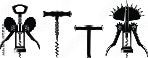 Collection of corkscrew and wine bottle opener silhouettes including wing openers, T-handle screw pull tools and vintage bar accessories illustration