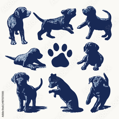  Sets of dark blue silhouettes showing cute labrador puppies in various playful poses and a dog paw print
