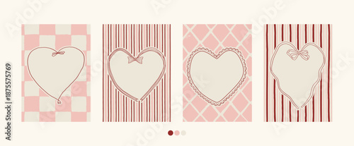 Vintage Valentines day heart shaped lace frames collection on tartan charming background. Retro hand drawn romantic holiday borders clipart set. Vintage love valentine empty frame invitation template