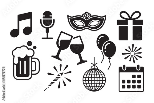 Celebration party icon set with music note microphone mask gift box beer glass balloons and disco ball