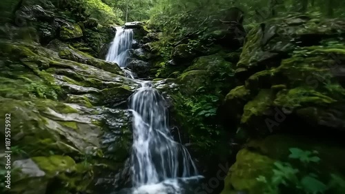 Tranquil waterfall flowing into a serene pond within a lush forest