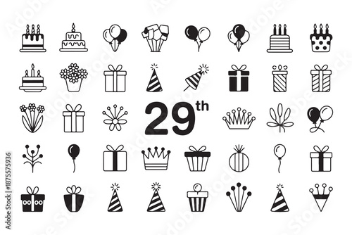 Twenty ninth birthday anniversary celebrations line art vector icon collection outline festive symbols decorations elements set
