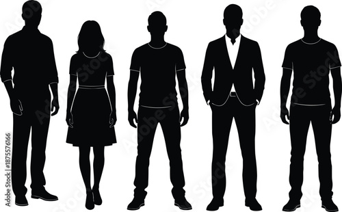 Five diverse silhouettes in casual and formal attire on white background for demographic representation, fashion comparison, and identity design themes.