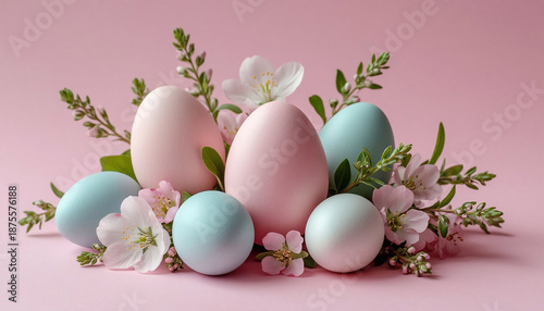 Easter eggs and spring flowers on pastel pink background. Happy Easter concept.