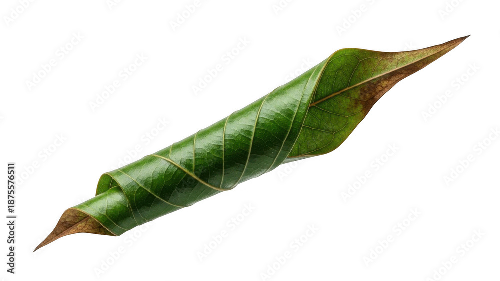 Fototapeta premium Green leaf curled into a spiral shape with brown edges image
