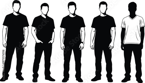 Five male silhouettes in varied postures and clothing styles on white background for identity comparison, fashion design, and character modeling concepts.
