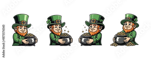 Four cartoon leprechauns in green hats and coats holding pots overflowing with gold coins.