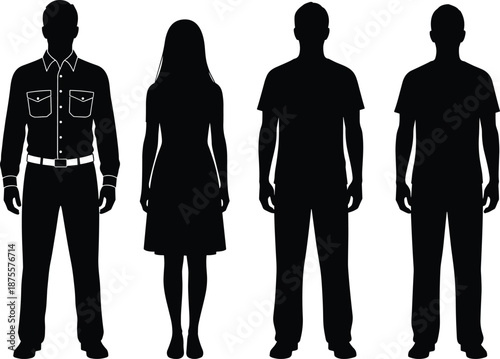 Four diverse human silhouettes in varied clothing styles and postures on white background for gender presentation, fashion comparison, and identity design themes.