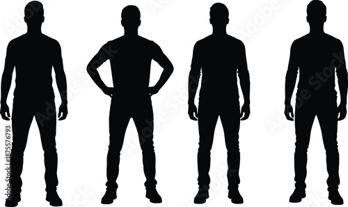 Four male silhouettes in varied postures and clothing styles on white background for body language, character modeling, and ergonomic design themes.