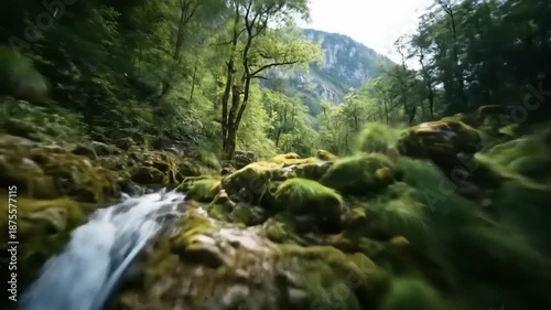 Tranquil waterfall flows into serene pool surrounded by lush green forest