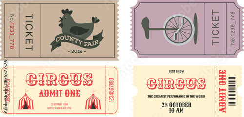 circus designs, vintage and retro style admission tickets