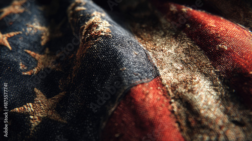 Close-up textured weathered American flag stars stripes denim fabric distressed patriotic vintage style macro detail