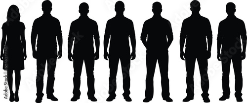 Seven human silhouettes in varied postures and clothing styles on white background for identity design, fashion diversity, and demographic representation themes.