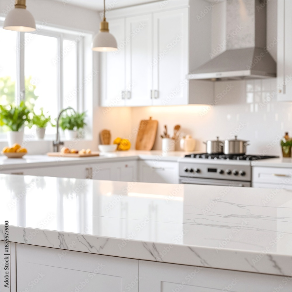 Fototapeta premium A bright, modern kitchen featuring sleek white cabinets, elegant marble countertops, and stainless steel appliances, creating a stylish and inviting atmosphere.