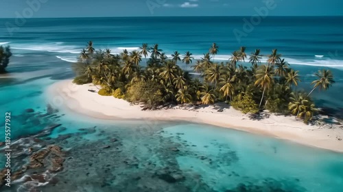 Tropical island paradise scene azure waters palm trees sandy beach landscape