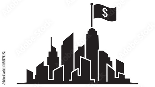 Silhouette Of A City Skyline With A Dollar Flag Flying Above The Tallest Tower Symbolizing Urban Wealth, Property Investment And Economic Growth