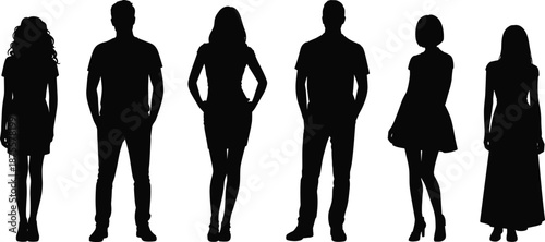 Six diverse human silhouettes in varied standing poses and outfits on white background for fashion, posture, identity, and gender representation concepts.
