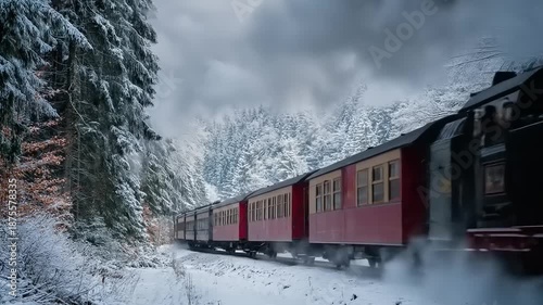 Vintage steam train traversing snowy forest landscape with smoke and trees