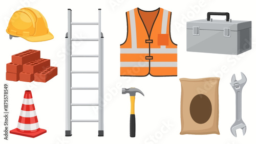 Construction Equipment and Safety Gear Icons.