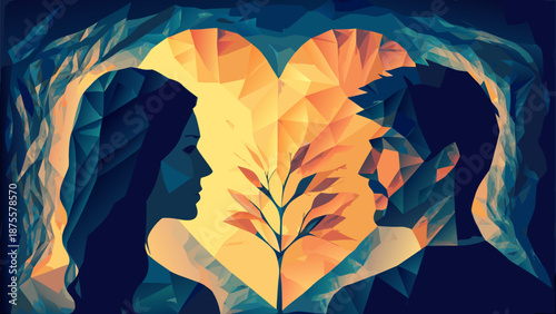 Loving couple in heart shaped silhouette with leafy tree