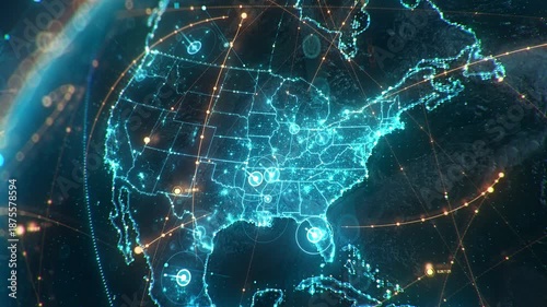 Futuristic digital Earth globe with glowing USA map and North America network connections, big data transfer and cyber security concept for global business and technology.