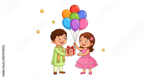 A boy and girl holding a gift and colorful balloons