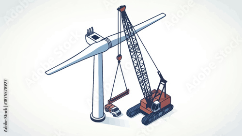 Wind turbine installation with crane on construction site