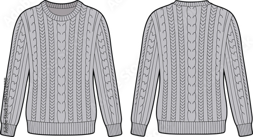 Grey cable knit sweater vector technical sketch template with front and back views for fashion design and apparel mockup presentation.