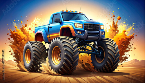 Colorful Monster Truck Vector Illustration with Dirt Explosion