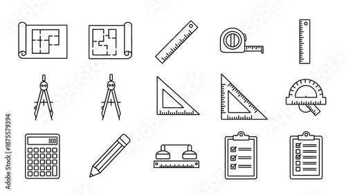 Collection of various black and white drawing tools.