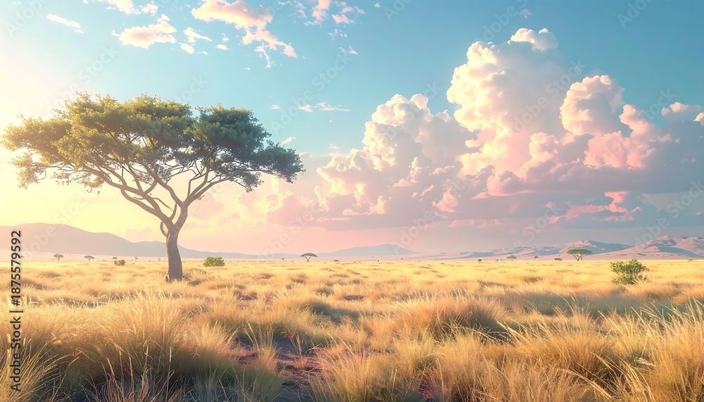 Obraz premium A vibrant savanna scene under a bright sky. A solitary tree stands on the golden plains, with gentle rolling hills in the background