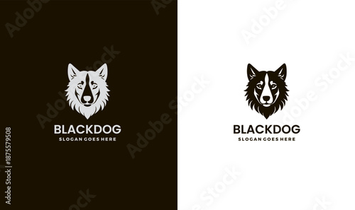 Black dog logo design template with wolf head silhouette in two color variations