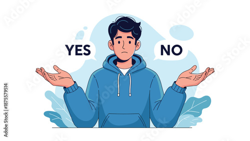 Man shrugging with yes and no choice vector illustration