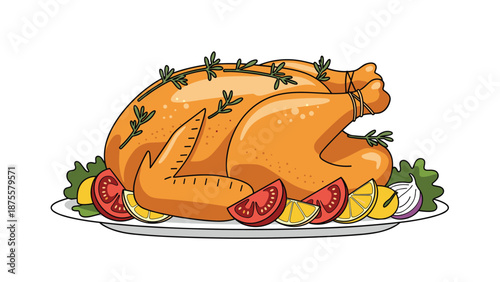 Whole roasted chicken with herbs and vegetables on a plate